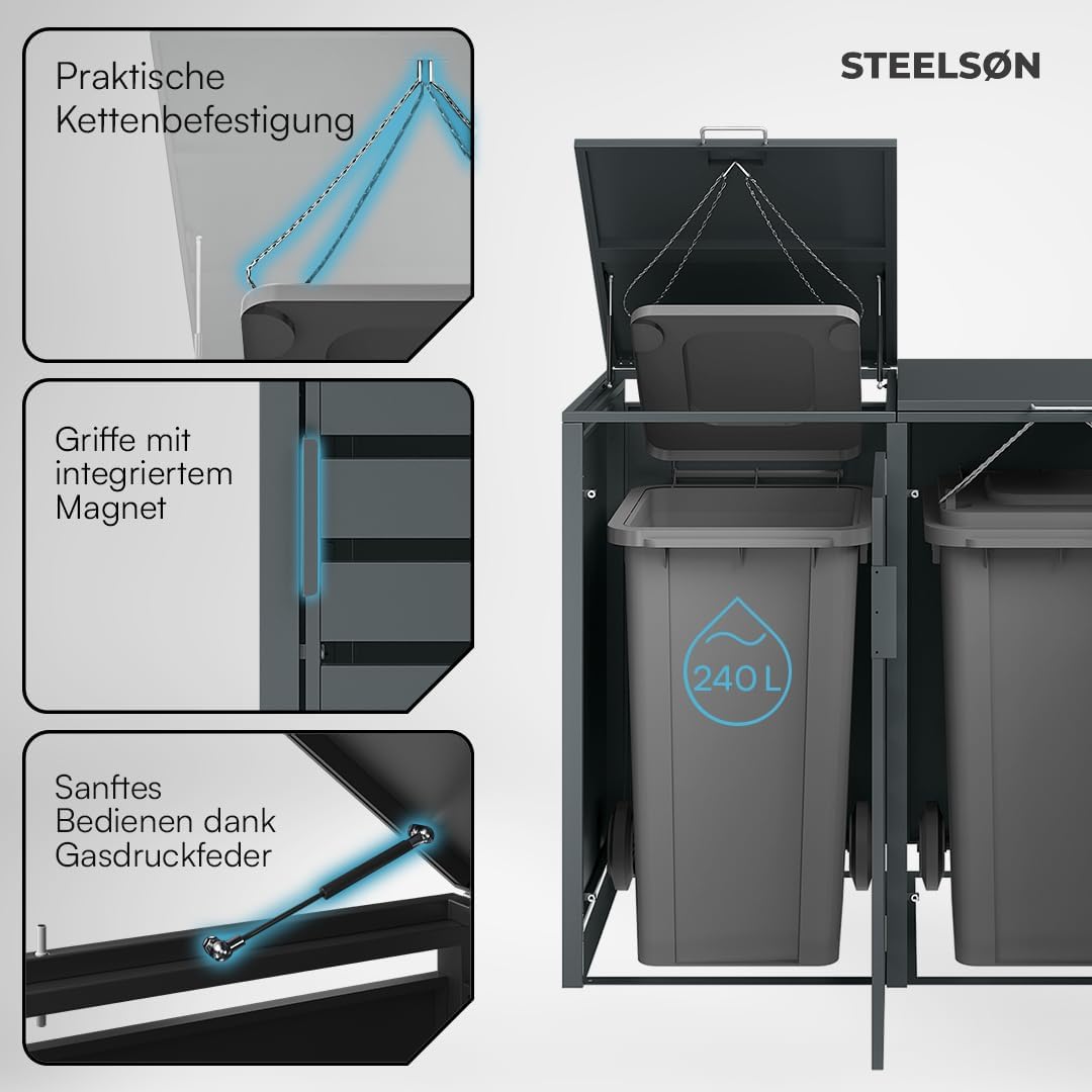 STEELSØN Kestra Mülltonnenbox 4er bis 240L â€?Mülltonnenverkleidung mit Sichtstreifen aus Stahl â€?hochwertige Müllcontainer in Anthrazit für 4 Tonnen â€?Müllbox/Gerätebox wetterfest & UV-beständig