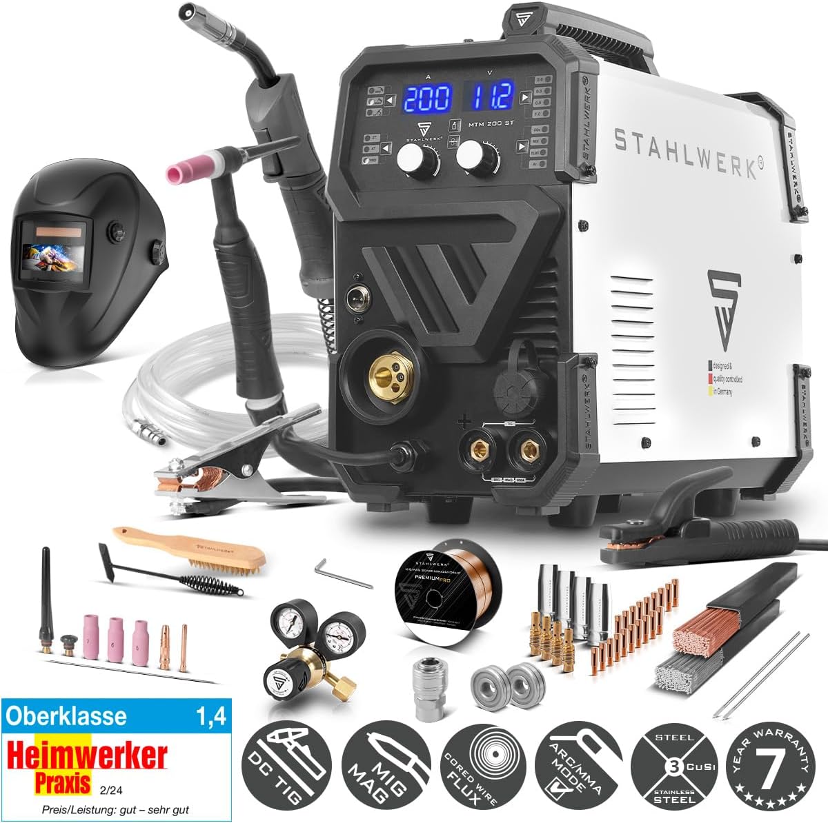 STAHLWERK Schutzgasschweißgerät 3-in-1 Kombi MTM-200 ST â€?Vollausstattung â€?WIG, MIG/MAG, MMA/E-Hand bis 200 A, synergischer Drahtvorschub, 4-Rollen-Antrieb, Fülldraht geeignet, Stahl, Dünnblech