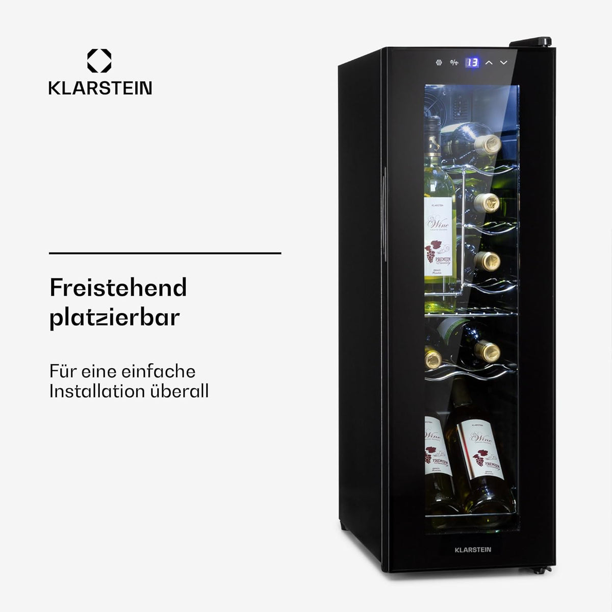 Klarstein Weinkühlschrank, 1 Zonen Getränkekühlschrank Klein, Kleiner Weinschrank 32L, Wein-Kühlschrank Klein mit Glastür, Indoor/Outdoor Flaschenkühlschrank, Wine Fridge 5-18°C, 12 Flaschen