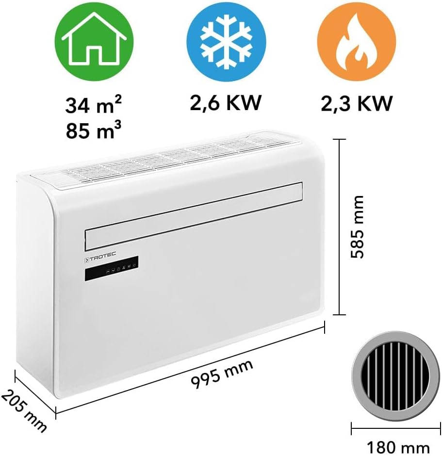 TROTEC Wandklimaanlage PAC-W 2650 SH â€?4-in-1 Klimaanlage ohne Außengerät mit Heizfunktion, 2,6 kW Kühlleistung, WiFi-App-Steuerung, Inverter-Technologie, für Räume bis 34 m²