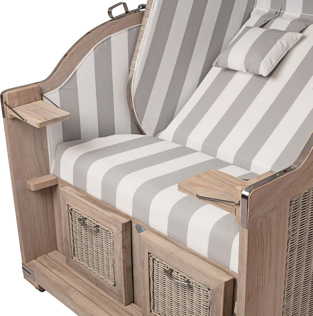 Strandkorbprofis Strandkorb Landhaus Sylt Teak Vintage, Geflecht White-Washed, Bezug PVC Blockstreifen grau