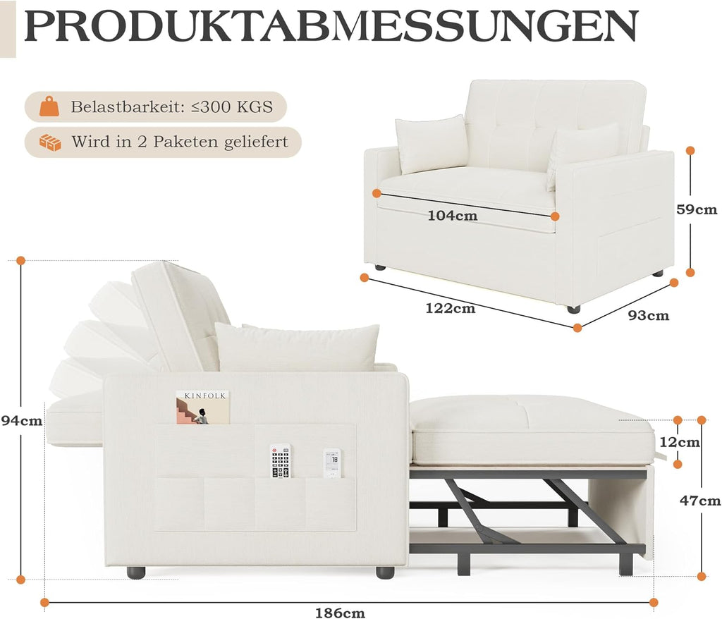 Schlafsofa 186 x 122 cm mit 5-stufig Verstellbarer Rückenlehne, 3-in-1 Schlafcouch mit Kissen und Seitentasche, cremeweißes Leinen-Sofa für Gästezimmer  und  kleine Räume