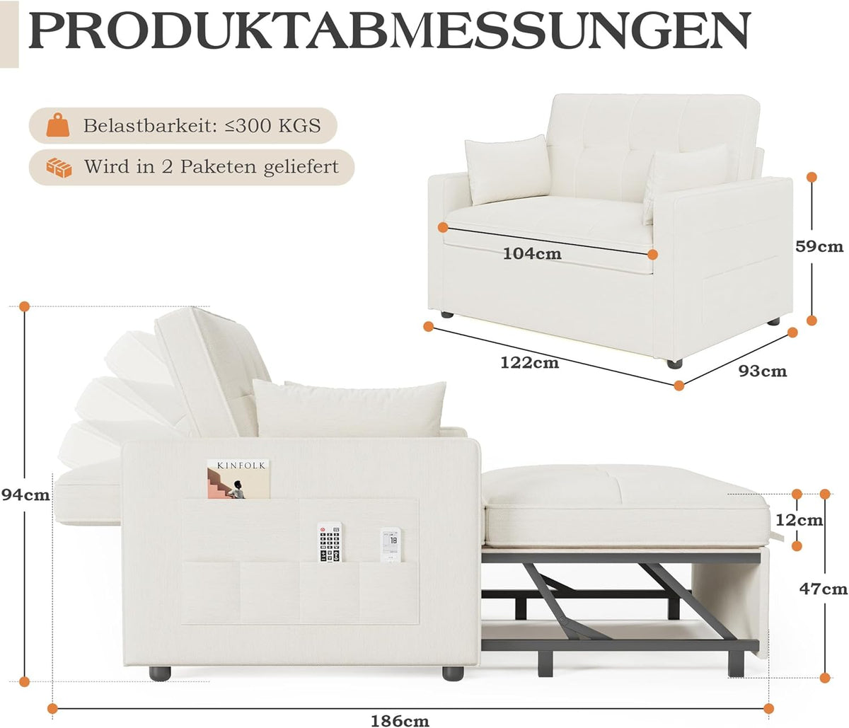 Schlafsofa 186 x 122 cm mit 5-stufig Verstellbarer Rückenlehne, 3-in-1 Schlafcouch mit Kissen und Seitentasche, cremeweißes Leinen-Sofa für Gästezimmer  und  kleine Räume