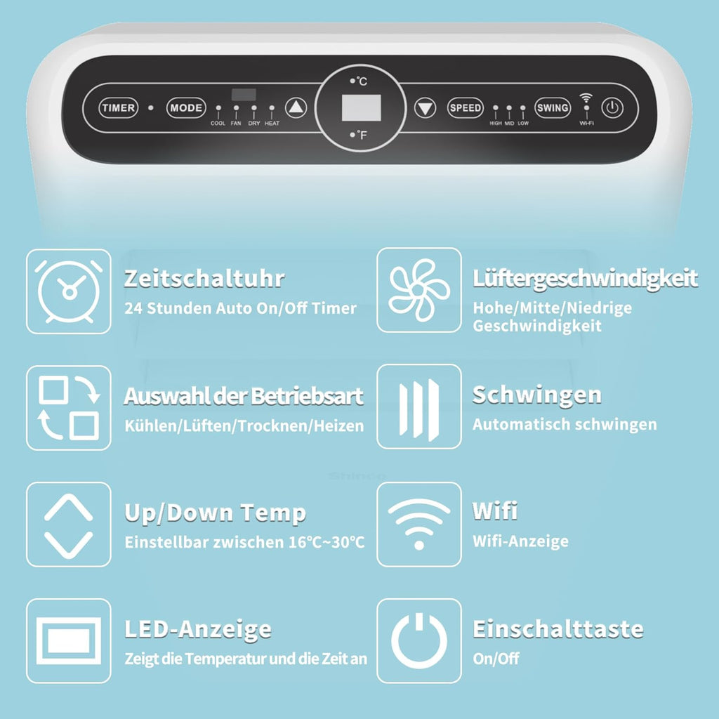 SHINCO Mobile Klimaanlage mit Abluftschlauch, 12000BTU, Kühlung&Heizung&Ventilieren&Entfeuchten, Mobiles Klimagerät mit Fenstermontage-Kit, 24H-Timer, APP, für Räume von etwa 90m³, Weiß