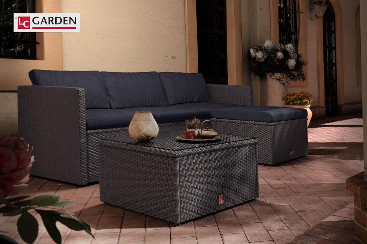 LC Garden Loungino Polyrattan Lounge grau-Mix für 3-4 Personen, Balkonmöbel Sitzgruppe mit Tisch + Hocker, Gartenlounge, Ecksofa für Balkon + Terrasse