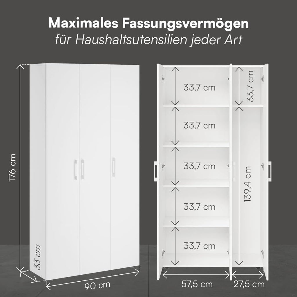 Bellamio Apol Mehrzweckschrank Weiß â€?Besenschrank 90 cm breit mit Stauraum â€?Putzschrank mit Staubsaugerfach â€?Vorratsschrank Küche - Aktenschrank aus Holz - Flurschrank â€?Aufbewahrungsschrank