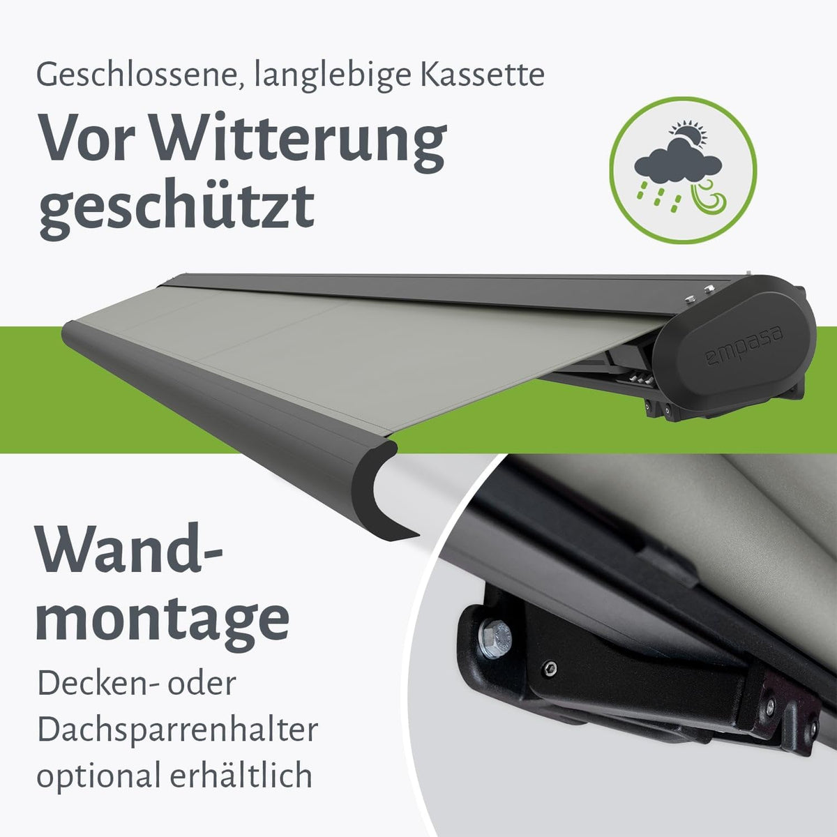 empasa elektrische Vollkassettenmarkise Profi Plus mit WiFi-Motor Smart Home kompatibel Terrassenüberdachung Markise Kassettenmarkise, Kassette in anthrazit, Größe:2 x 1.5 m, Farbe:hellgrau