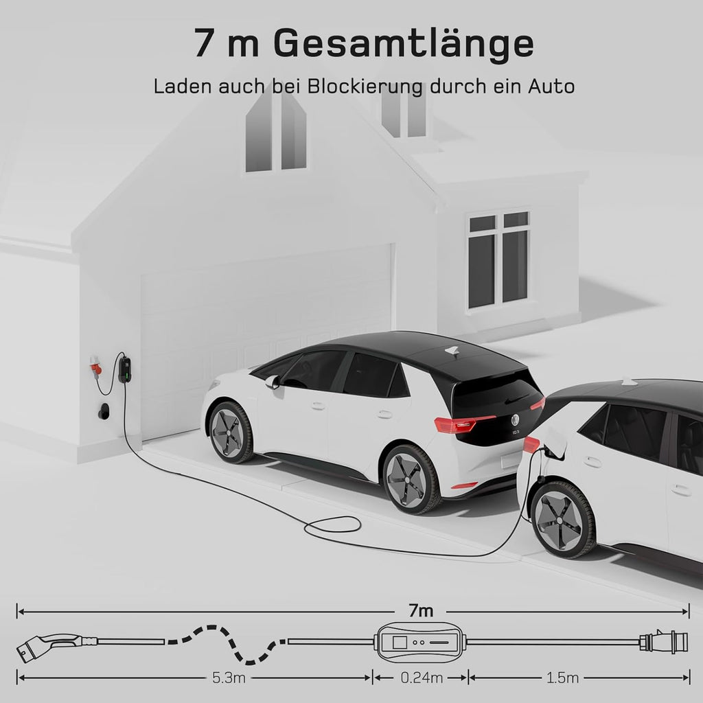 dé Mobile Wallbox/Ladestation 11kW 3-phasig|7m|6-16A mit Traveller Adapter Set, Ladekabel CEE 16A auf Typ 2 und EV Ladegerät für Model Y/3, ID.3/4/5, MG4, EX30, e-up, e-tron, Zoe und andere EV