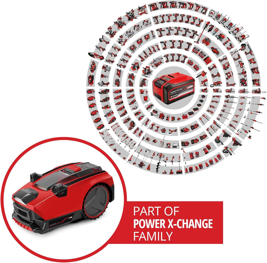 Einhell Mähroboter FREELEXO CAM 500 Power X-Change (18V, Kamera ersetzt Begrenzungsdraht, für 500 m², Brushless, bis 25% Steigung, Schnittbreite 18 cm, inkl. 3,0 Ah Akku, 5 m Magnetband)