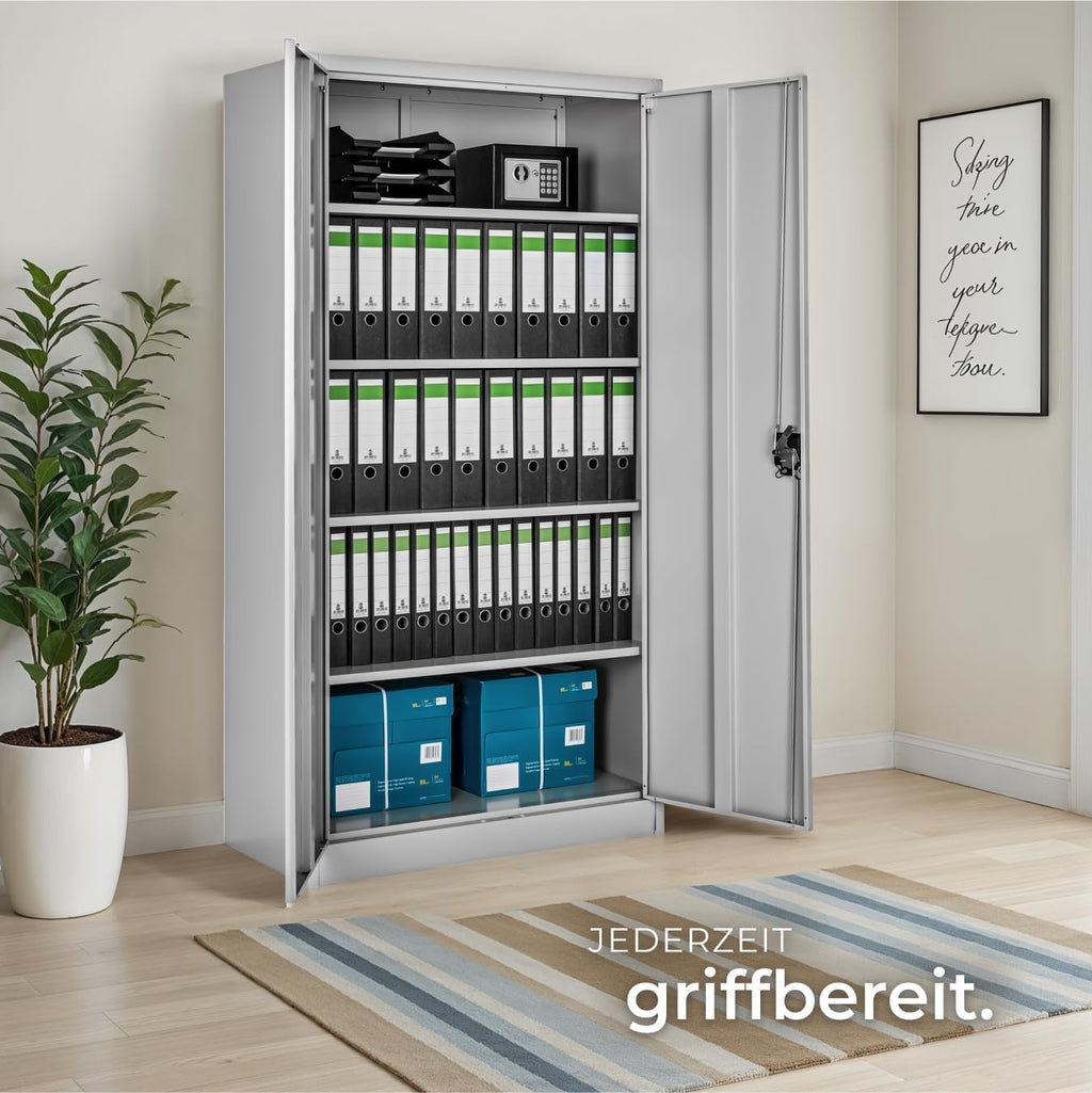 tectake® Aktenschrank, Büroschrank abschließbar, Mehrzweckschrank aus Stahl, Allzweckschrank mit 2 Türen, inkl. 3 höhenverstellbare Einlegeböden, Aktenschrank abschließbar 180x80x40 cm - grau