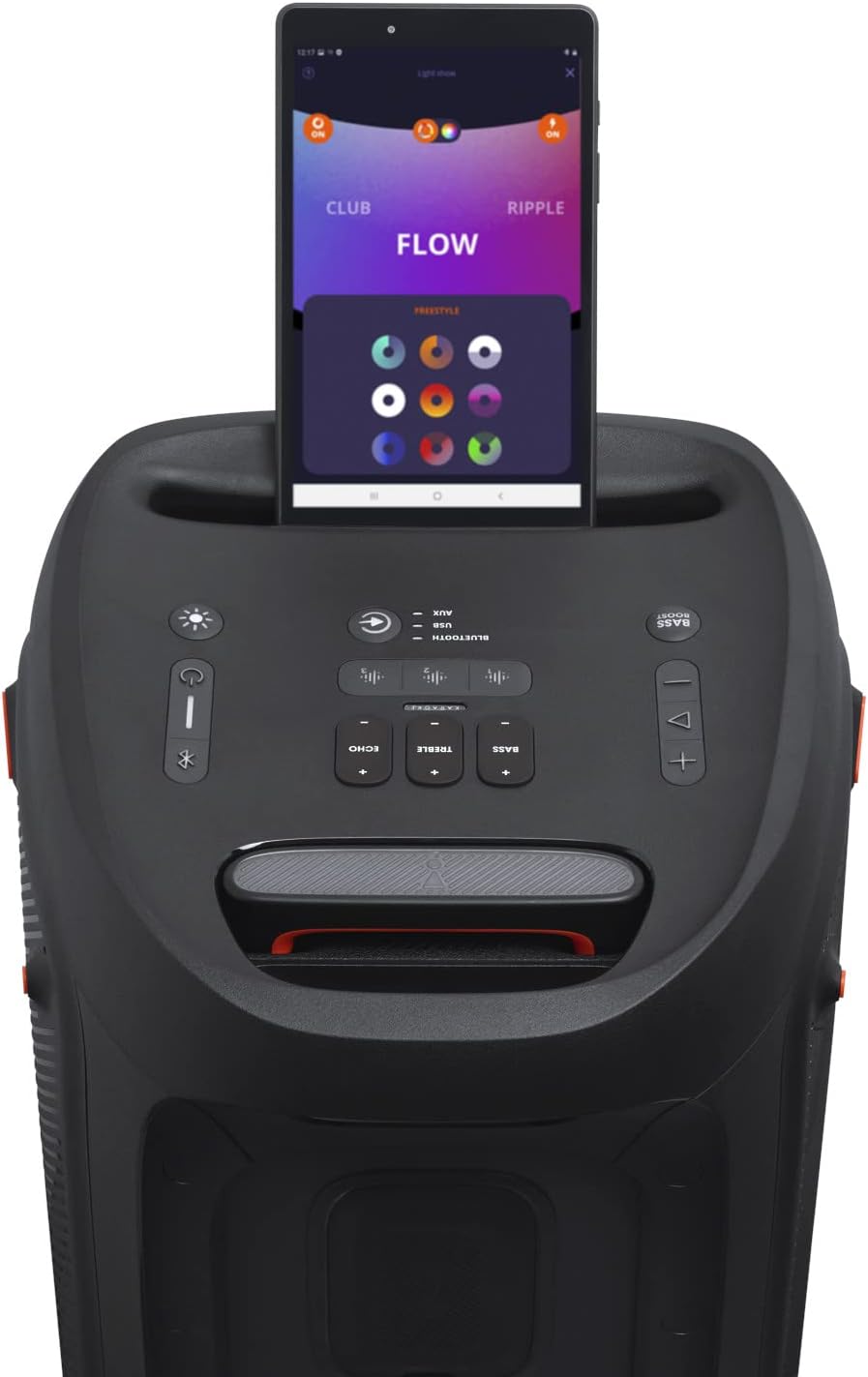 JBL PartyBox 710 - Schwarz â€?Trag - und rollbarer Bluetooth Party-Lautsprecher mit Lichteffekten â€?Spritzwassergeschützte, mobile Musikbox