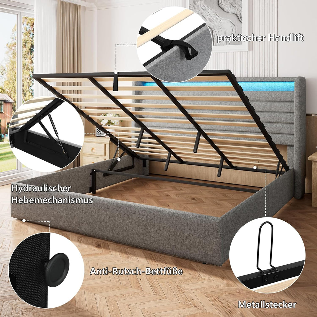 FEONASE Bett 180x200 mit Stauraum, Polsterbett 180x200 cm mit LED-Beleuchtung & Ladestation, Bettgestell mit Hydraulischem und Leinen Kopfteil Stauraum, Lattenrost, Ohne Matratze, Hellgrau