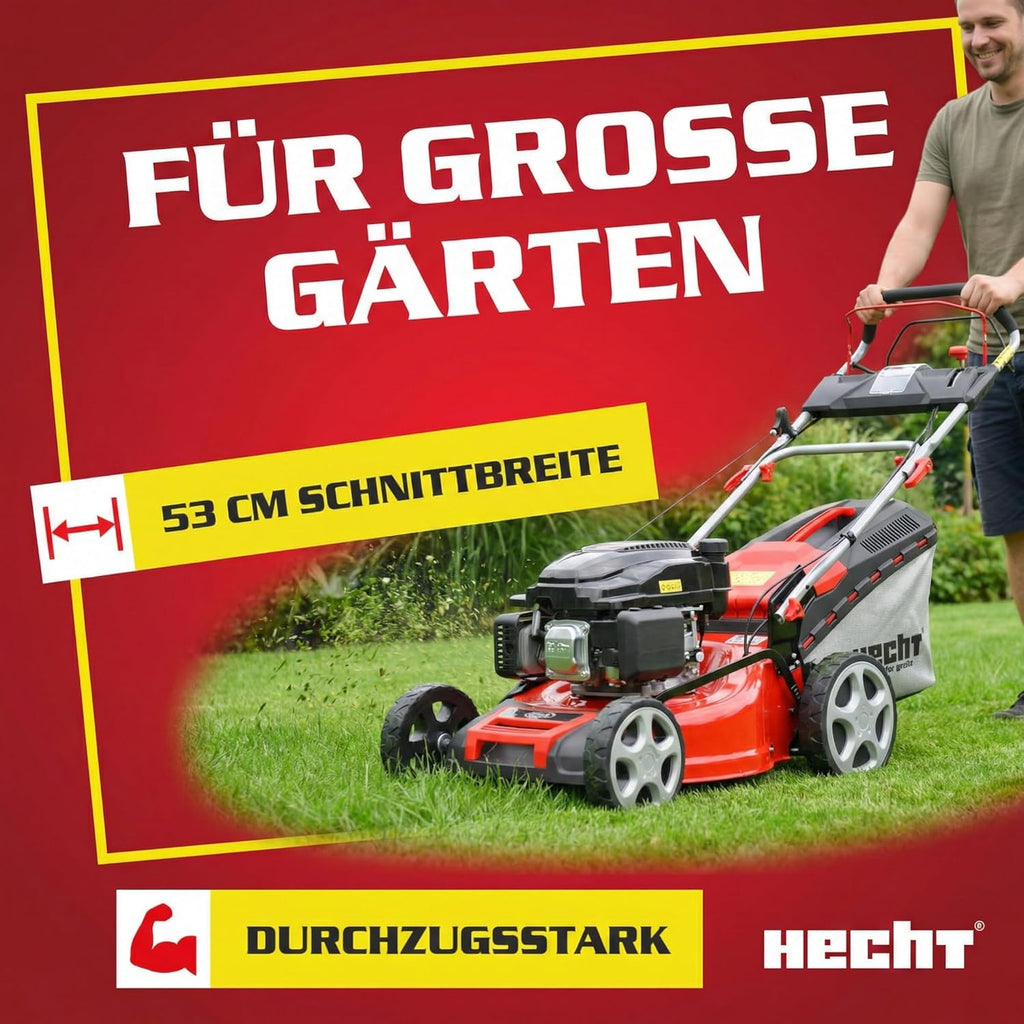 HECHT 5-IN-1 Benzin Rasenmäher - leistungsstarker 4 Takt Eco Motor 4,4 kW (6,0 PS) - Elektrostart - 53 cm Schnittbreite - 75 l Fangkorb - Radantrieb - patentierte Räder - Mulchmäher