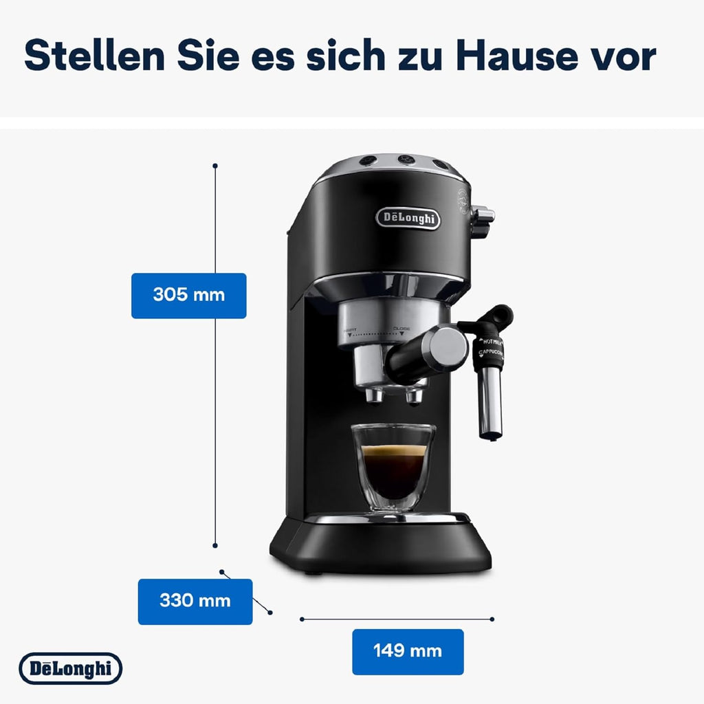De'Longhi Dedica Style EC 685.M â€?Espresso Siebtrgermaschine, Espressomaschine mit professionellem Milchaufschumer, nur 15 cm breit, für Kaffeepulver oder ESE Pads, 1 l Wassertank, silber