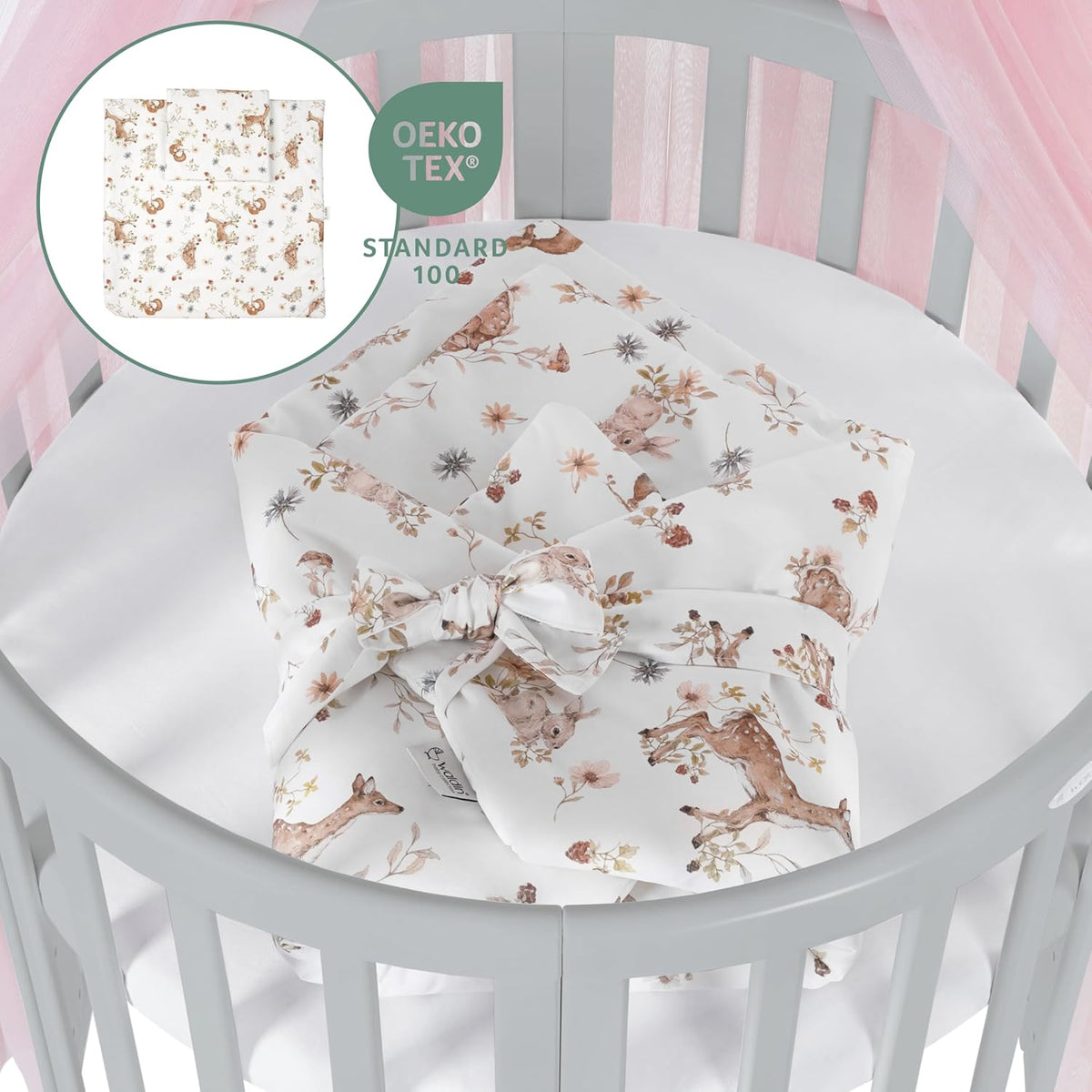 Waldin Oval Baby-Bett Mitwachsend Komplett Set 7in1, Gitterbett, Kinderbett mit Matratze, Wickelkommode, Beistellbett, Holz Weiß