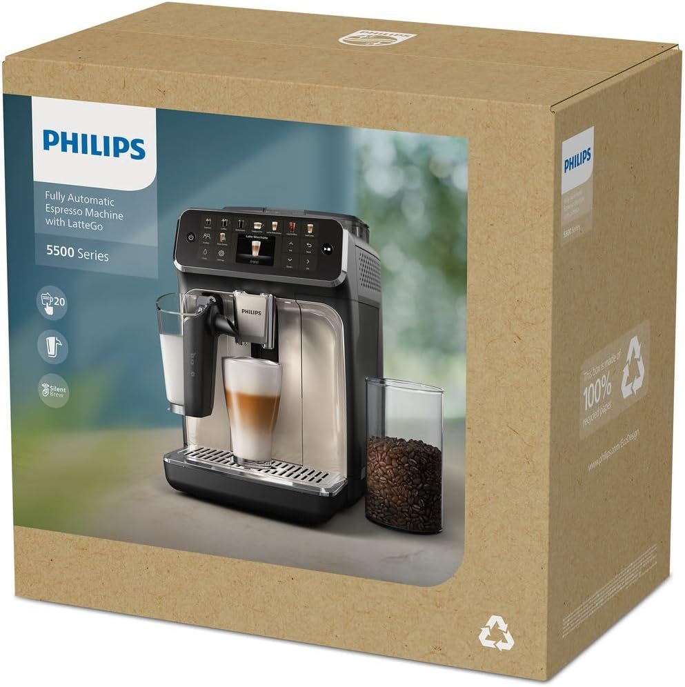 PHILIPS 5500 Series Kaffeevollautomat â€?20 Getränke, Modernes Farb-Touchdisplay, LatteGo-Milchsystem, SilentBrew-Technologie, 100% Keramikmahlwerk, QuickStart, 1,8L Wassertank, Weißchrom (EP5543/90)