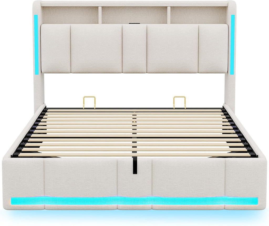 AOGLLATI Polsterbett 140×200 mit Steckdosen & LED Beleuchtung, Doppelbett mit Stauraum Kopfteil & Hydraulischem Stauraum, Bettgestell mit Lattenrost, Jugendbett 140×200, Linen, Ohne Matratze, Beige
