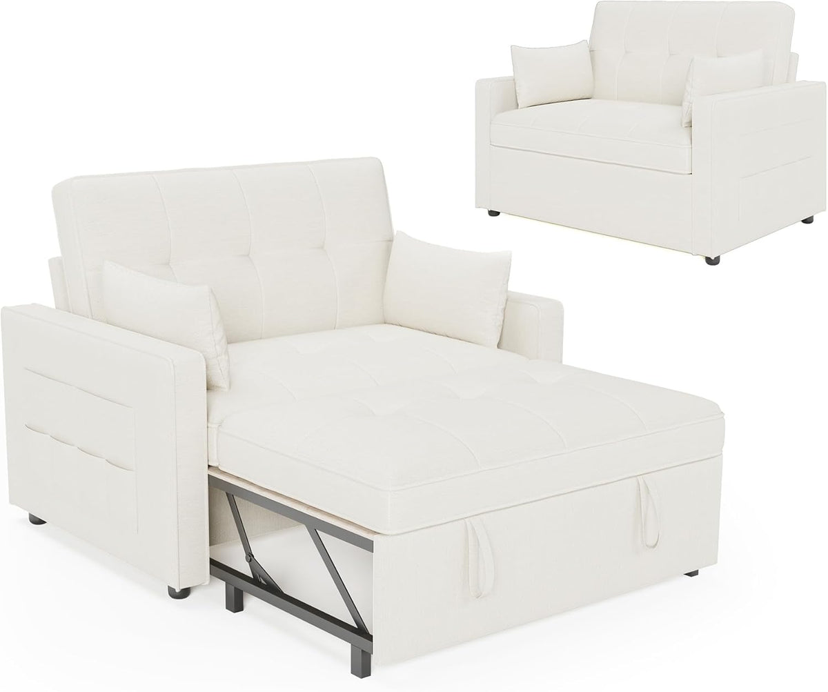 Schlafsofa 186 x 122 cm mit 5-stufig Verstellbarer Rückenlehne, 3-in-1 Schlafcouch mit Kissen und Seitentasche, cremeweißes Leinen-Sofa für Gästezimmer  und  kleine Räume