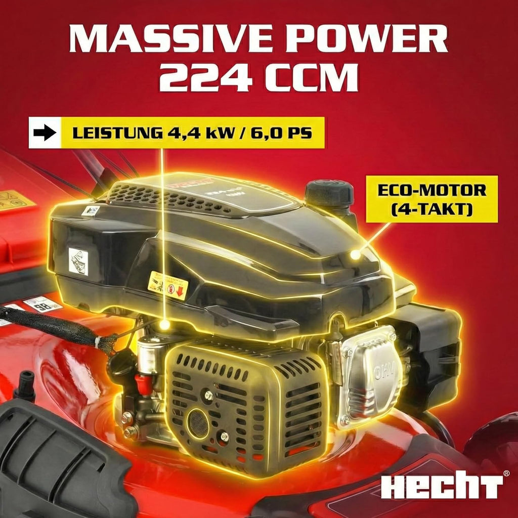 HECHT 5-IN-1 Benzin Rasenmäher - leistungsstarker 4 Takt Eco Motor 4,4 kW (6,0 PS) - Elektrostart - 53 cm Schnittbreite - 75 l Fangkorb - Radantrieb - patentierte Räder - Mulchmäher