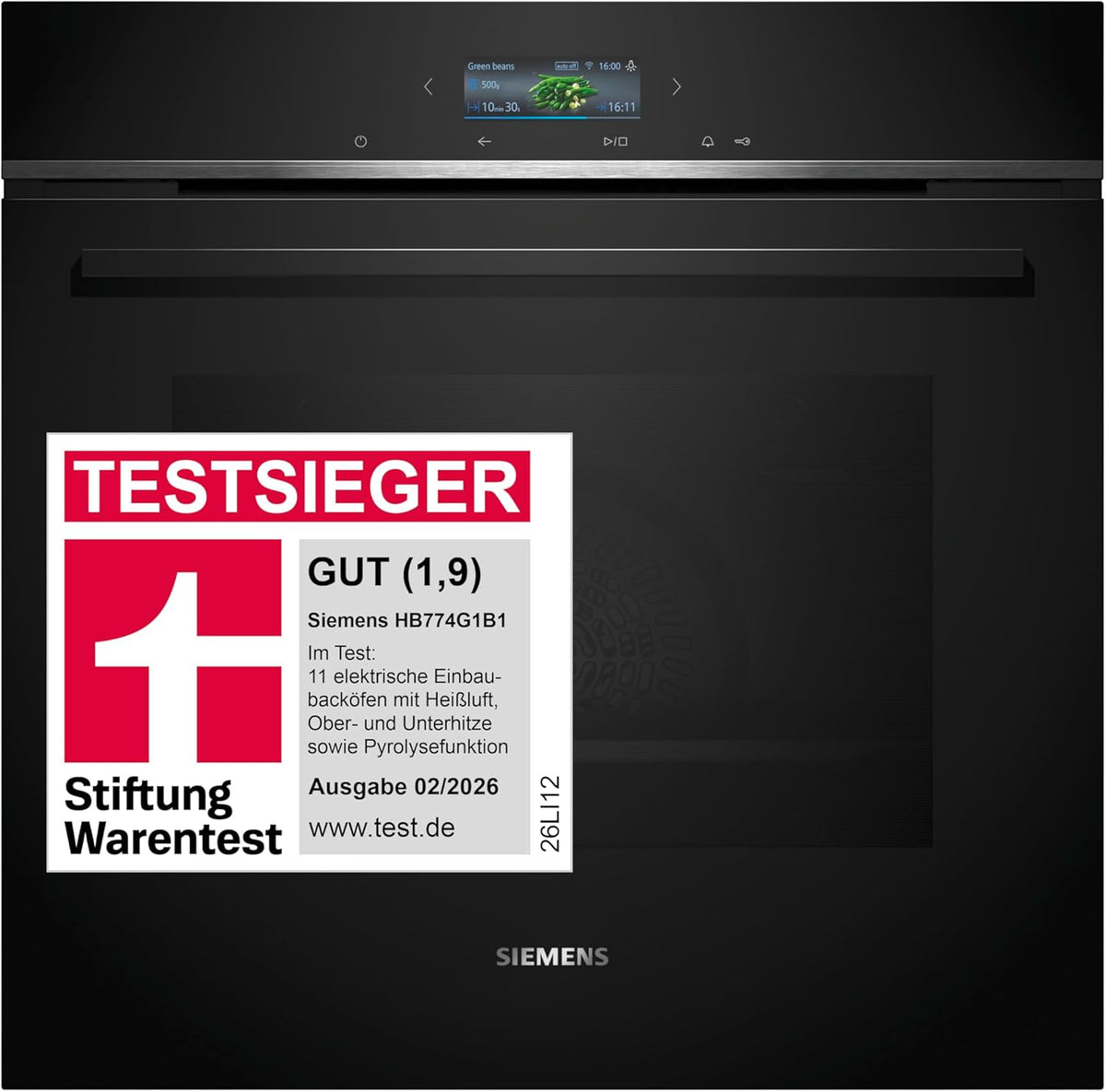Siemens HB774G1B1, Stiftung Warentest Testsieger , iQ700 Smarter Einbau-Backofen 60x60 cm, Made in Germany, activeClean Pyrolyse  und  humidClean Hydrolyse, Air Fry, Automatikprogramme, Touchscreen