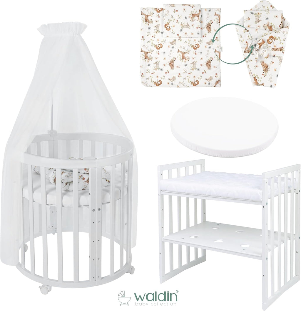 Waldin Oval Baby-Bett Mitwachsend Komplett Set 7in1, Gitterbett, Kinderbett mit Matratze, Wickelkommode, Beistellbett, Holz Weiß