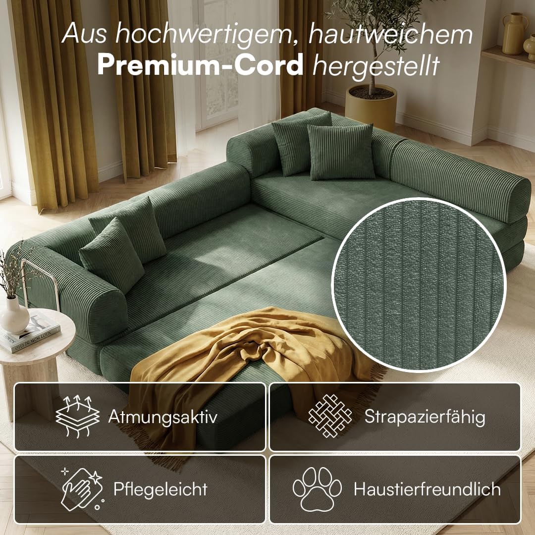 skølm Lofn Ecksofa 4 Sitzer â€?Wohnlandschaft L-Form Cord â€?Klappsofa 300cm breit Dunkelgrün â€?ausklappbar zum Schlafsofa, Bodensofa â€?Vollschaum Sofa mit 4 Kissen & Stahlgestell â€?Cloud Couch boneless | ohne Aufbau