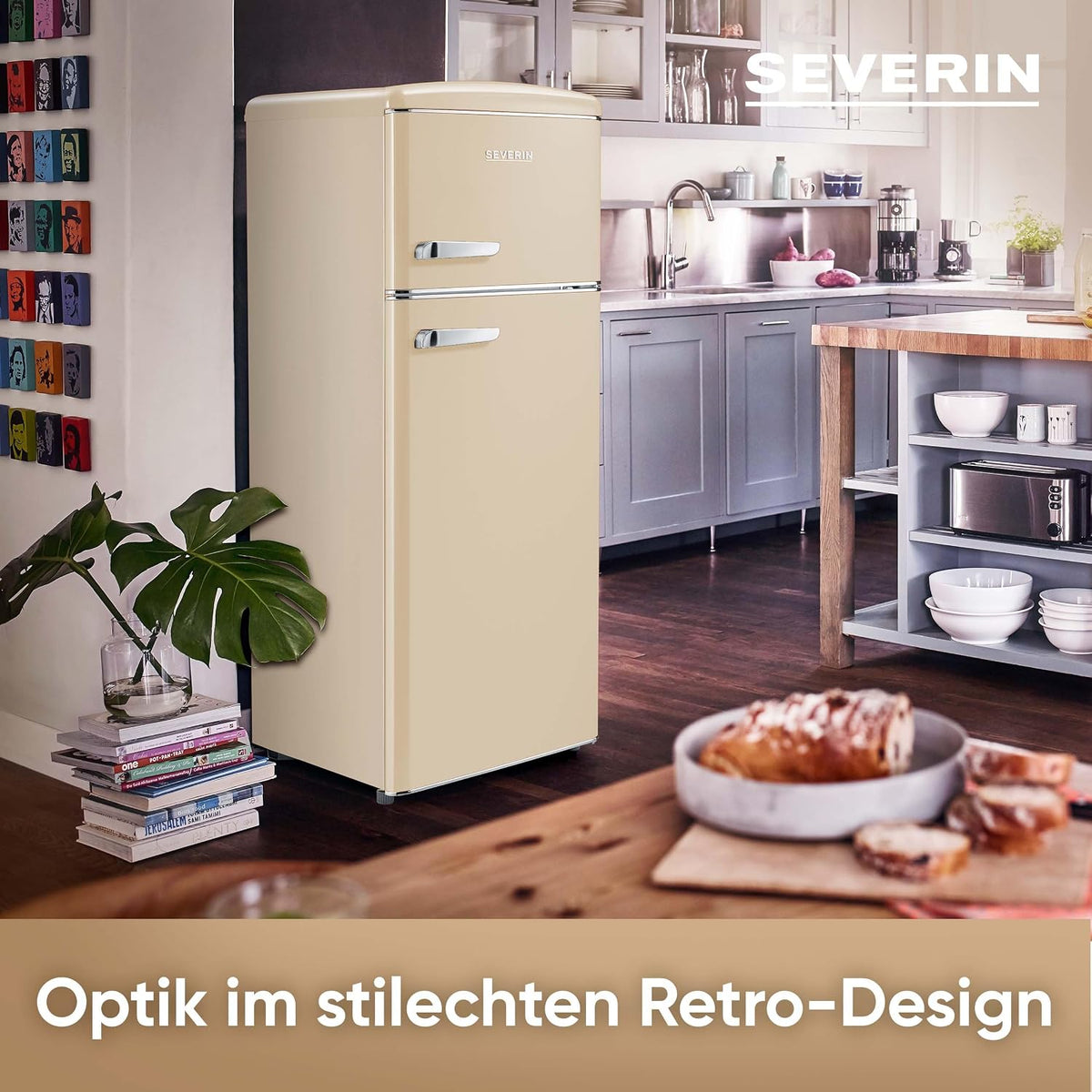 SEVERIN Retro - Kühl-/ Gefrierkombination, platzsparendes Raumwunder, 4 x höhenverstellbare Abstellflächen und eine große Veggiebox, 206 L Nutzinhalt, creme, RKG 8933