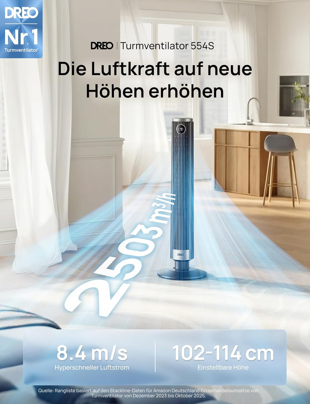DREO Smart 102â€?14cm Turmventilator fürs Schlafzimmer, Höhenverstellbar, 8.4m/s, DC-Motor, 9 Stufen, 4 Modi, 90°-Oszillation, Standventilator, 20dB Leise, 12H Timer für Zuhause und Büro, Google/Alexa