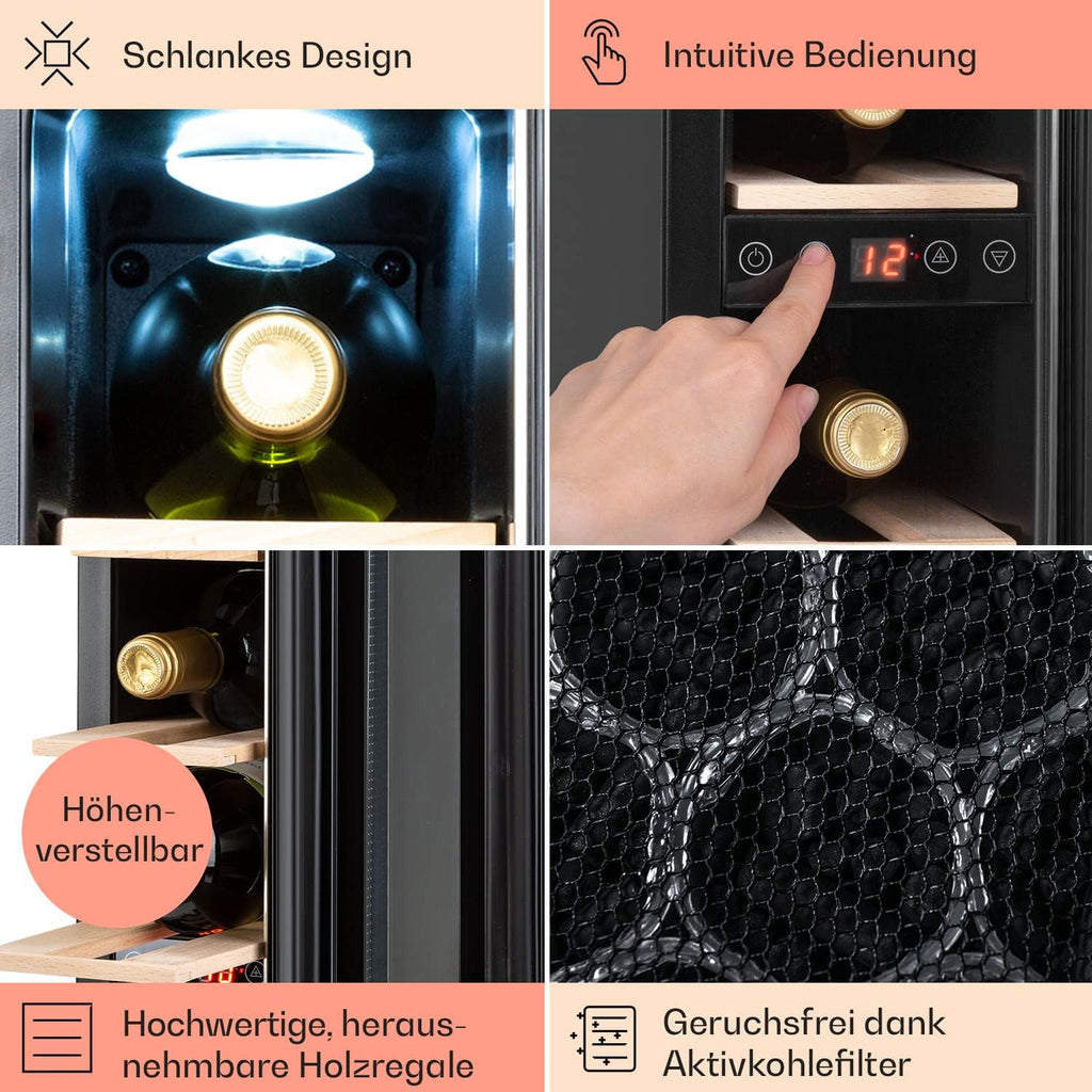 Klarstein Weinkühlschrank, 1 Zonen Getränkekühlschrank, Kleiner Einbau-Weinschrank Schmal, 20L Wein-Kühlschrank mit Glastür, Indoor/Outdoor Flaschenkühlschrank, Wine Fridge 5-22°C, 7 Flaschen