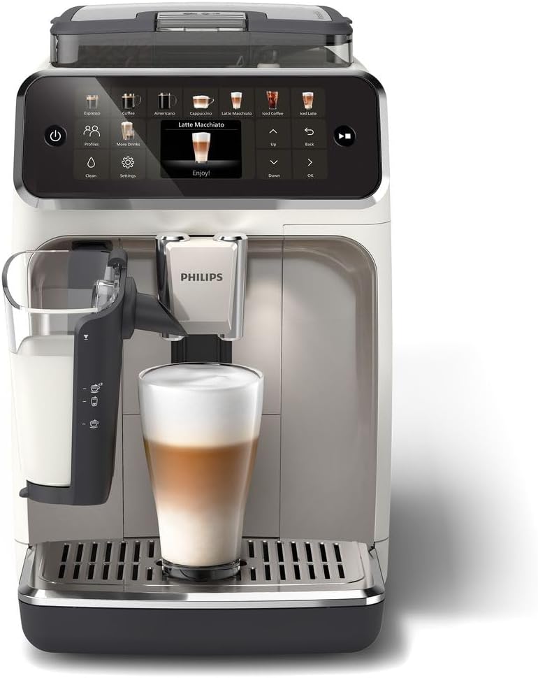 PHILIPS 5500 Series Kaffeevollautomat â€?20 Getränke, Modernes Farb-Touchdisplay, LatteGo-Milchsystem, SilentBrew-Technologie, 100% Keramikmahlwerk, QuickStart, 1,8L Wassertank, Weißchrom (EP5543/90)