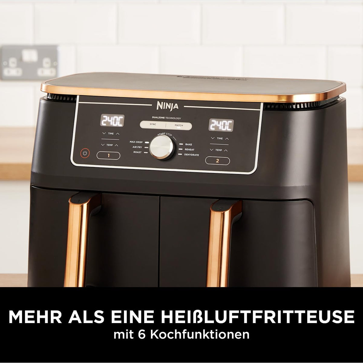 Ninja Foodi MAX Dual Zone Heißluftfritteuse AF400EUCP Amazon Exclusive, â€?470 Watt , 9,5 L, 2 Heißluft-Frittierfächer, 6 Funktionen, 27 x 41.5 x 32.5 cm, Kupfer/Schwarz