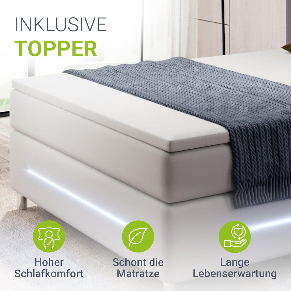 Juskys Boxspringbett Norfolk 180x200 cm - LED Beleuchtung, Bonell Matratze & Topper - 66 cm Komforthöhe - weiß - Bett Doppelbett Polsterbett