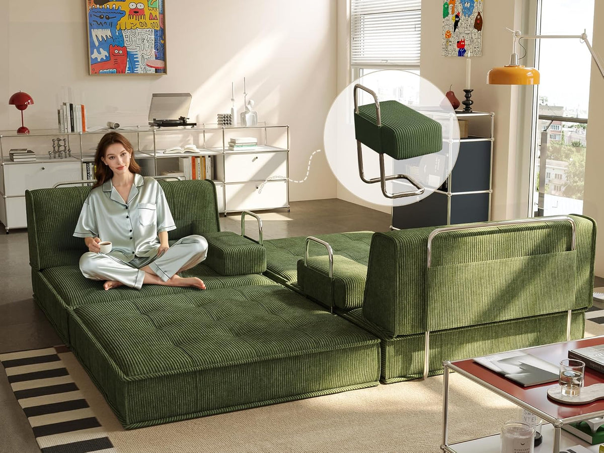 6 in 1 Schlafsofa 160x100cm,Klappbare Matratze 200x160cm mit festem Rahmen, bequemer ausklappbarer Futon, 4-Sitzer Gästesofa modularer Loveseat ohne Federkern für Wohnzimmer