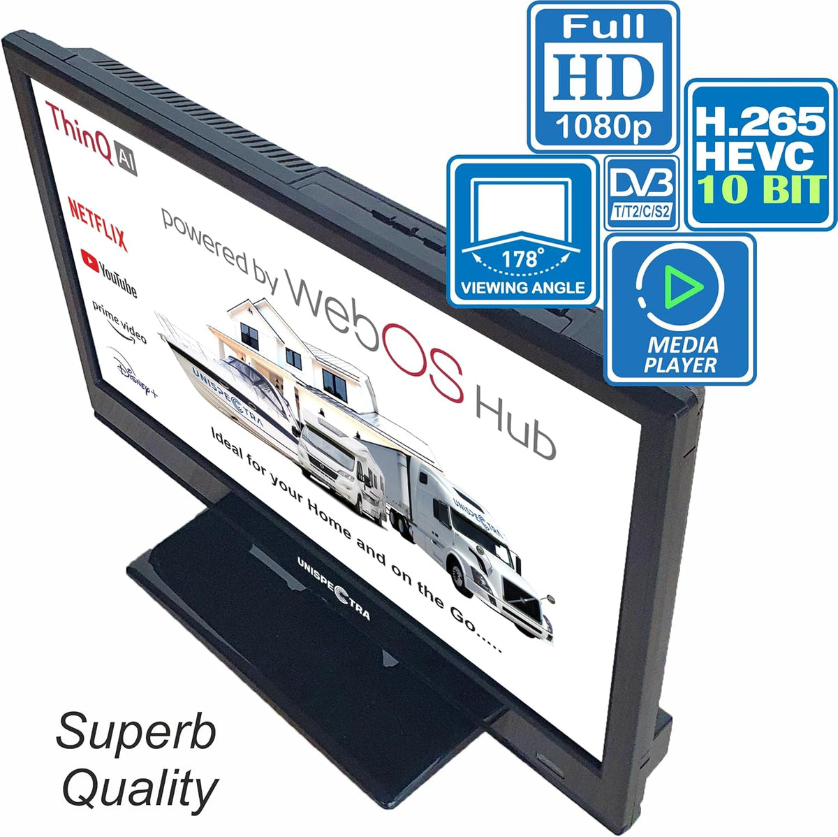 Unispectra® 16â€?Smart TV (webOS) Full HD 230V 24V Triple Tuner: Sat, Antenne, Kabel TV, 3xHDMI, 2xUSB, Magic Remote. 12V Fernseher für Wohnmobile, Wohnwagen, LKWs, Lieferwagen, Boote