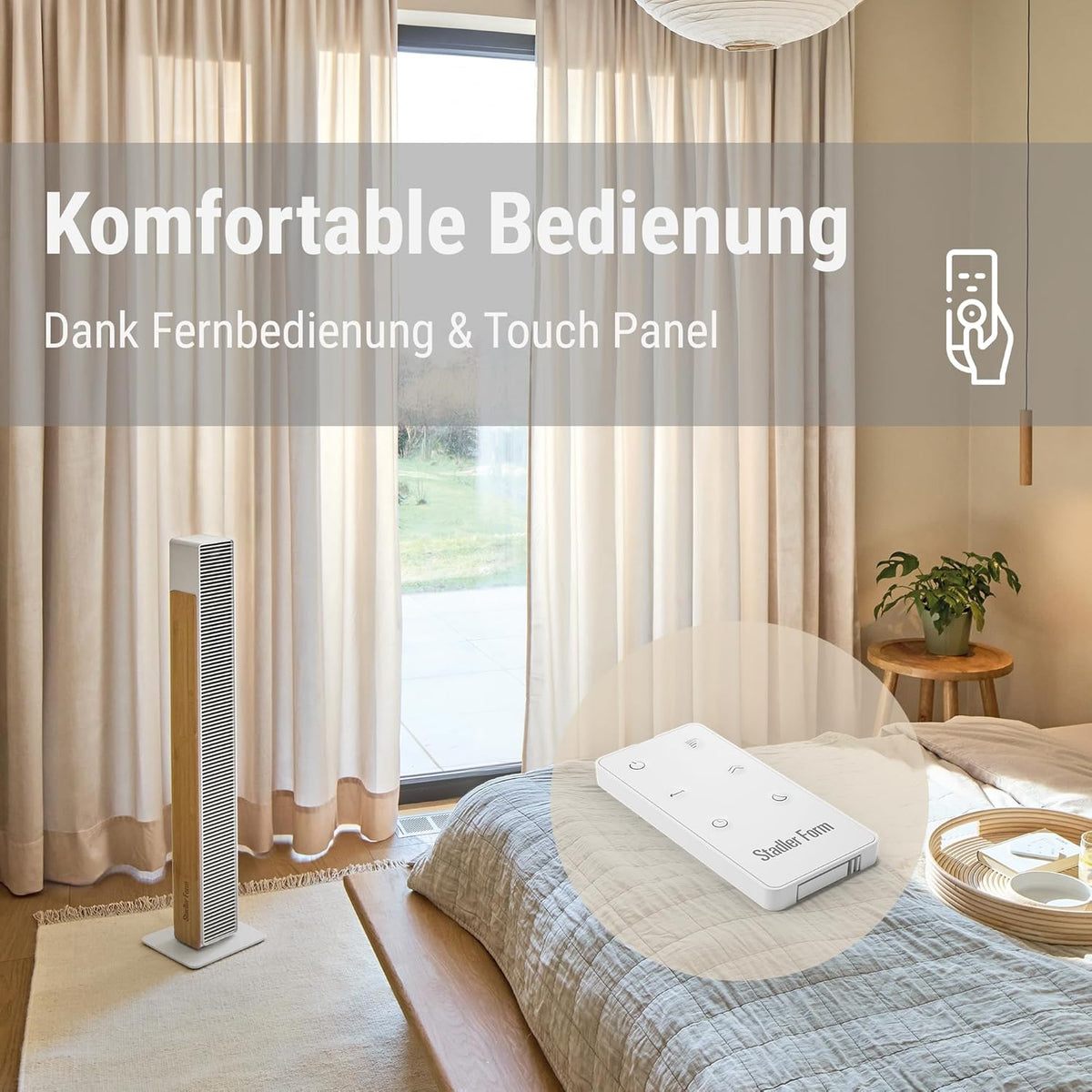 Stadler Form leiser Ventilator Nick, Turmventilator mit Schwenkfunktion, 10 Geschwindigkeitsstufen, Timer, mit Fernbedienung, für Schlafzimmer, Büro, Wohnzimmer, mit natürlichem Bambus, weiß