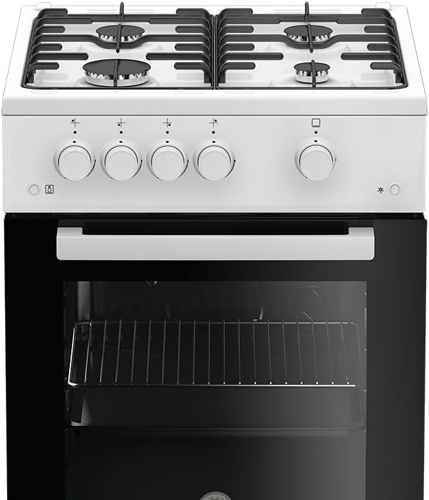 Beko FSG52010FW Freistehender Gasherd, Gasbackofen mit Gaskochfeld, 50 cm, 4 Kochzonen, Gasbackofen mit Elektrozündung und Innentemperaturanzeige, herausnehmbares Innenglas, Weiß