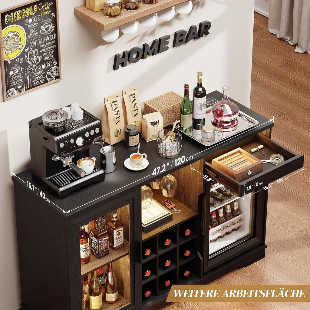 Barschrank mit Kühlschrank (inklusive), weinkühlschrank mit LED-Beleuchtung, Getränkeschrank Sideboard mit Bewegungssensor, Weinschrank für Wohnzimmer Küche Esszimmer (Schwarz)
