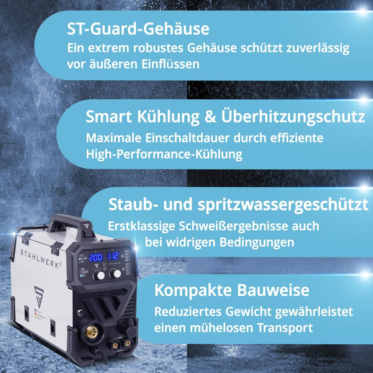 STAHLWERK Schutzgasschweißgerät 3-in-1 Kombi MTM-200 ST â€?Vollausstattung â€?WIG, MIG/MAG, MMA/E-Hand bis 200 A, synergischer Drahtvorschub, 4-Rollen-Antrieb, Fülldraht geeignet, Stahl, Dünnblech