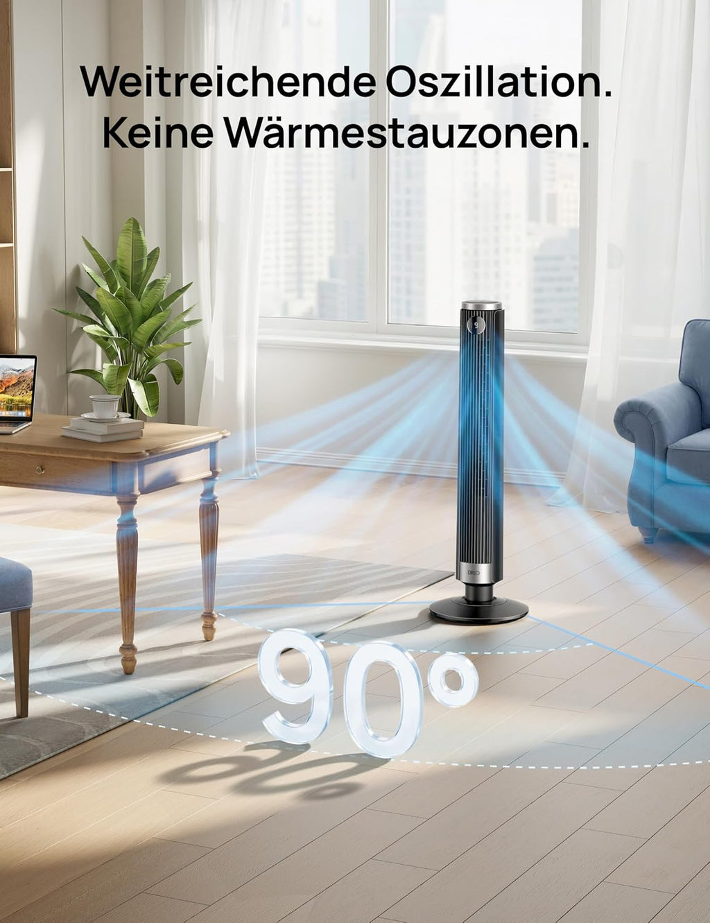 DREO Smart 102â€?14cm Turmventilator fürs Schlafzimmer, Höhenverstellbar, 8.4m/s, DC-Motor, 9 Stufen, 4 Modi, 90°-Oszillation, Standventilator, 20dB Leise, 12H Timer für Zuhause und Büro, Google/Alexa