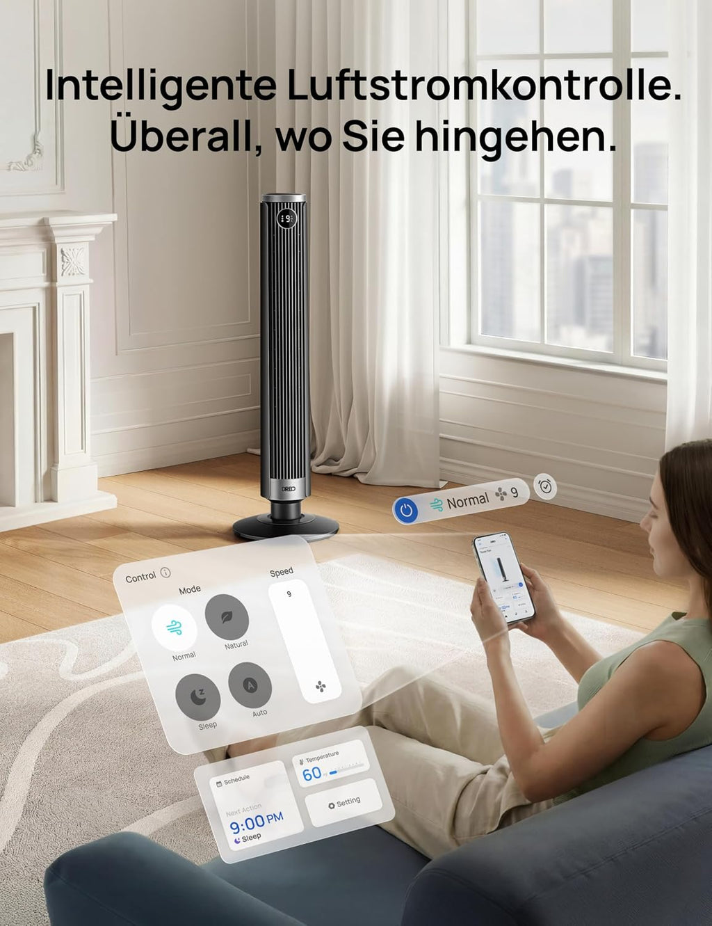 DREO Smart 102â€?14cm Turmventilator fürs Schlafzimmer, Höhenverstellbar, 8.4m/s, DC-Motor, 9 Stufen, 4 Modi, 90°-Oszillation, Standventilator, 20dB Leise, 12H Timer für Zuhause und Büro, Google/Alexa