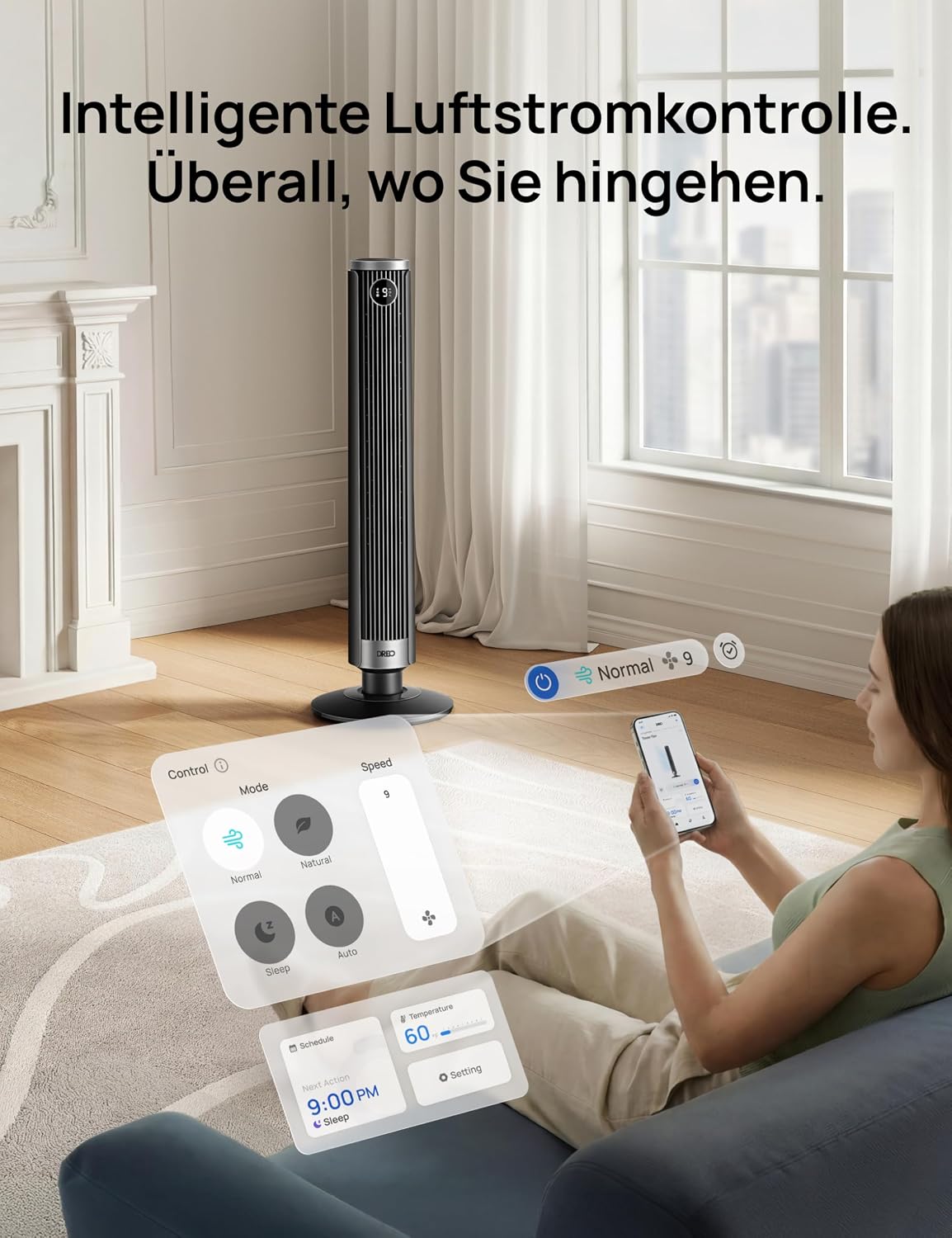 DREO Smart 102â€?14cm Turmventilator fürs Schlafzimmer, Höhenverstellbar, 8.4m/s, DC-Motor, 9 Stufen, 4 Modi, 90°-Oszillation, Standventilator, 20dB Leise, 12H Timer für Zuhause und Büro, Google/Alexa