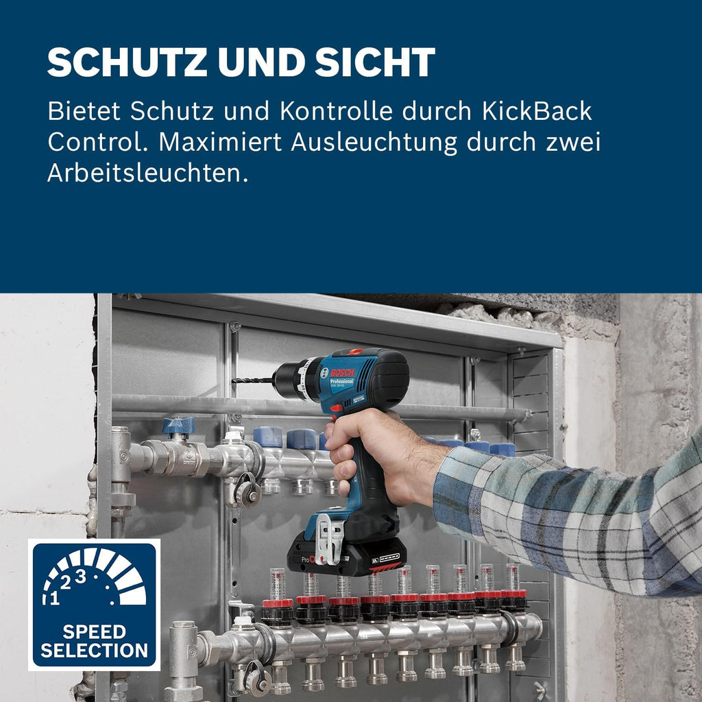 Bosch Professional 18V System Akku-Bohrschrauber GSB 18V-65 (bürstenloser Motor, Kopflänge 175, inkl 2x Akku GBA 18V 5.0Ah, Ladegerät GAL 18V-40, L-BOXX)