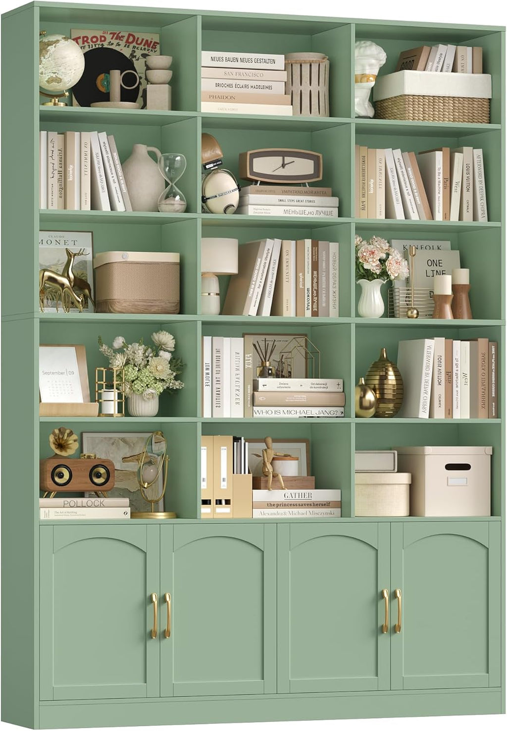 FirFurd 209 cm Bücherregal mit Türen Bücherschrank mit 15 Fächern Vitrinenschrank Hochschrank Holz Mehrzweckschrank groß für Wohnzimmer Arbeitszimmer Küche 150 x 23,7 x 209 cm Grün