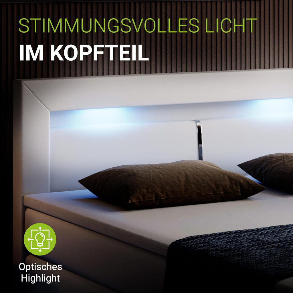 Juskys Boxspringbett Norfolk 180x200 cm - LED Beleuchtung, Bonell Matratze & Topper - 66 cm Komforthöhe - weiß - Bett Doppelbett Polsterbett