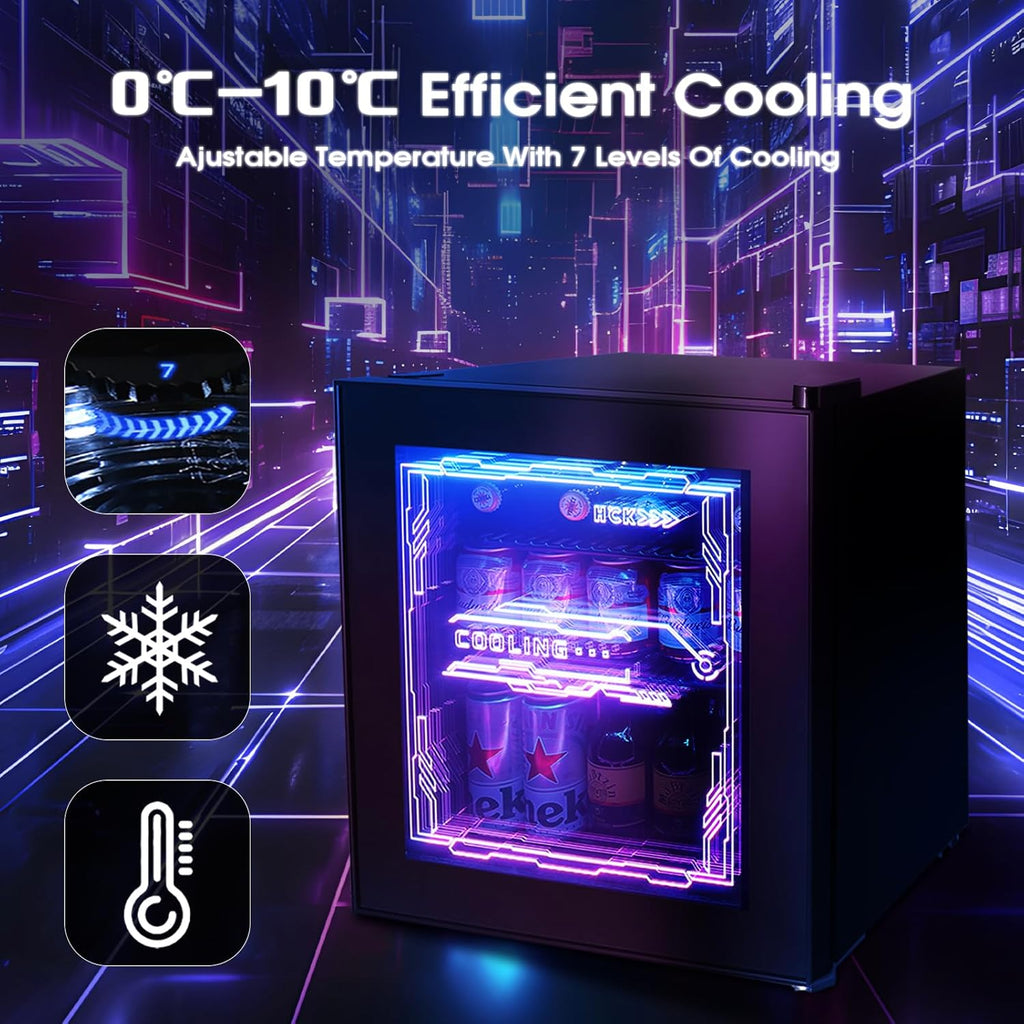 HCK Mini Kühlschrank 48L, Getränkekühlschrank mit Glastür und LED Beleuchtung, Cyberpunk Design, leise 39dB, 0-10â„?Bierkühlschrank für Gaming Room, Party, Bar, Schwarz