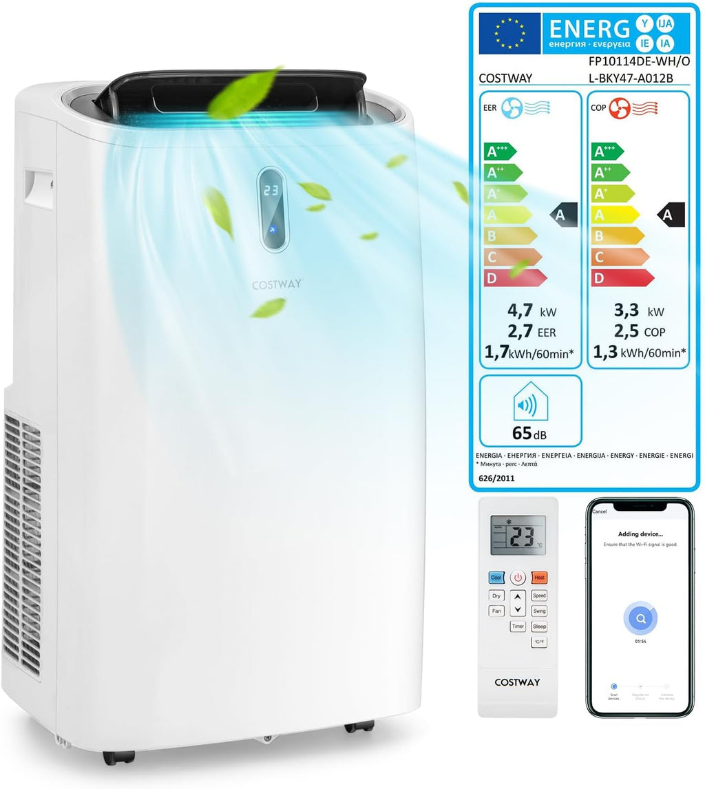 COSTWAY Klimaanlage mobil 16000BTU, Klimagerät mit Abluftschlauch, 5 in 1 Kühlen & Heizen & Entfeuchten & Belüften & Schlafmodus für Räume bis zu 150 m³, Fernbedienung/App, 24H Timer, 4700W, â‰?7dB