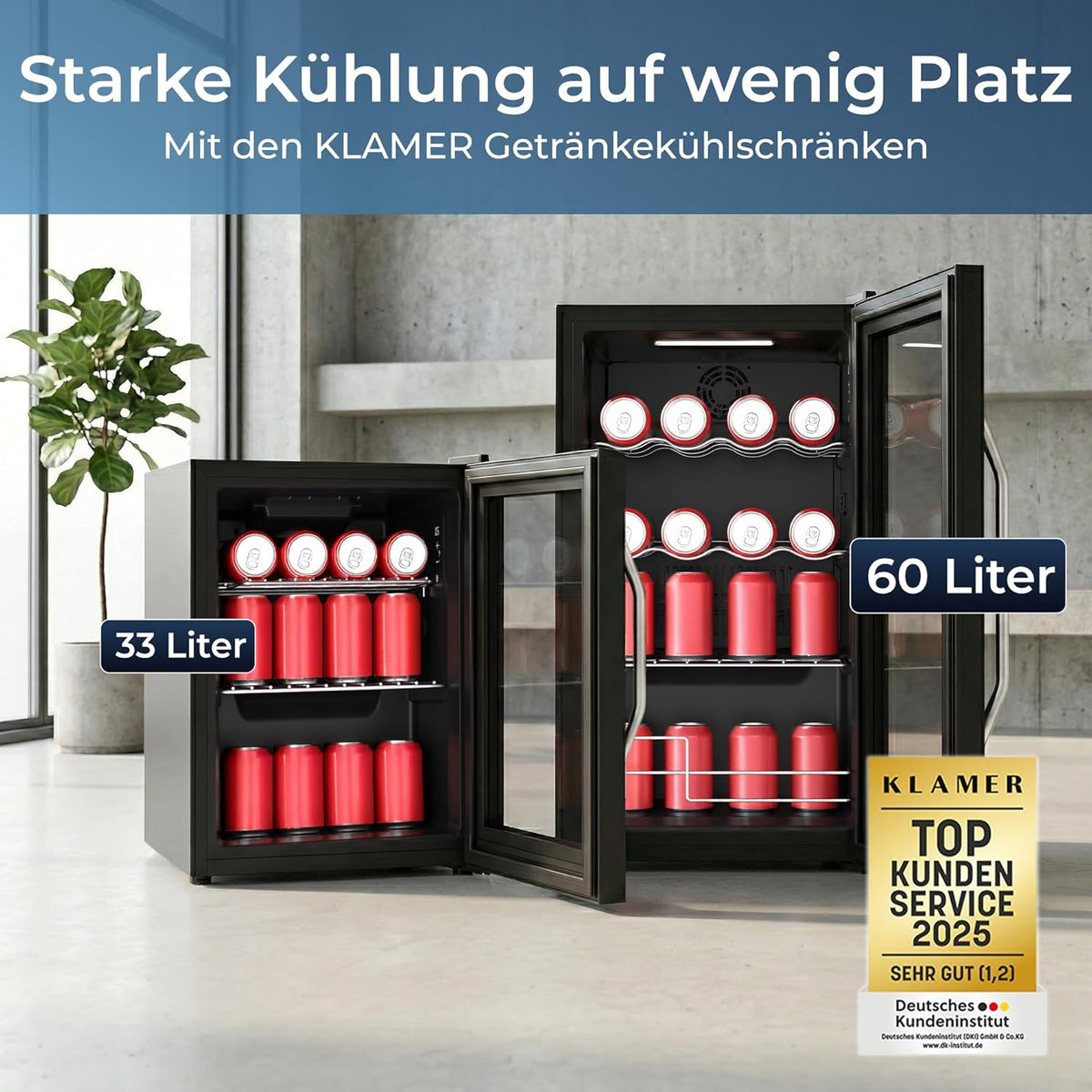 KLAMER Getränkekühlschrank 60 L, Mini Kühlschrank bis 60 Dosen, 0â€?0°C Touch Display, Glasfront, Automatische Abtaufunktion, Edelstahlgriff, Kühlschrank ohne Gefrierfach