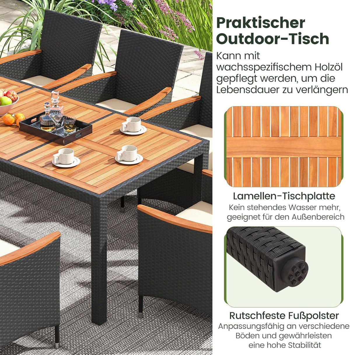 COSTWAY 9 TLG. Rattan Gartenmöbel Set, Sitzgruppe für 8 Personen, Gartentisch mit Tischplatte aus Akazienholz, 8 Stühle & Kissen, Terrassenmöbel Set, Gartengarnitur, Sitzgarnitur, Essgruppe