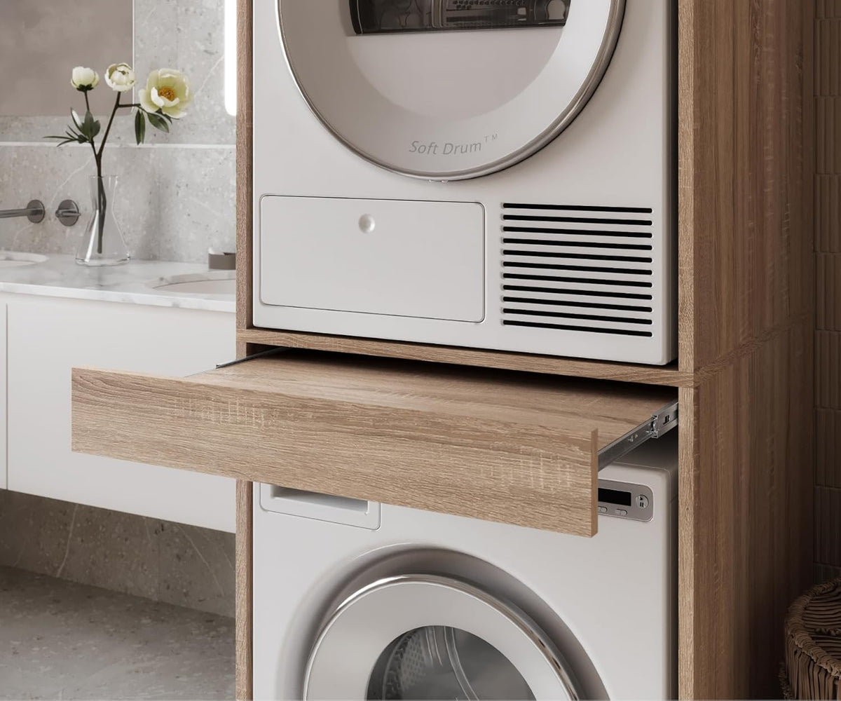 PLATAN ROOM Waschmaschine Trockner Schrank mit Ausziehbrett â€?Waschmaschinenschrank für Waschmaschine & Wäschetrockner â€?Überbauschrank 187 x 65 x 66 cm (Eiche Sonoma)