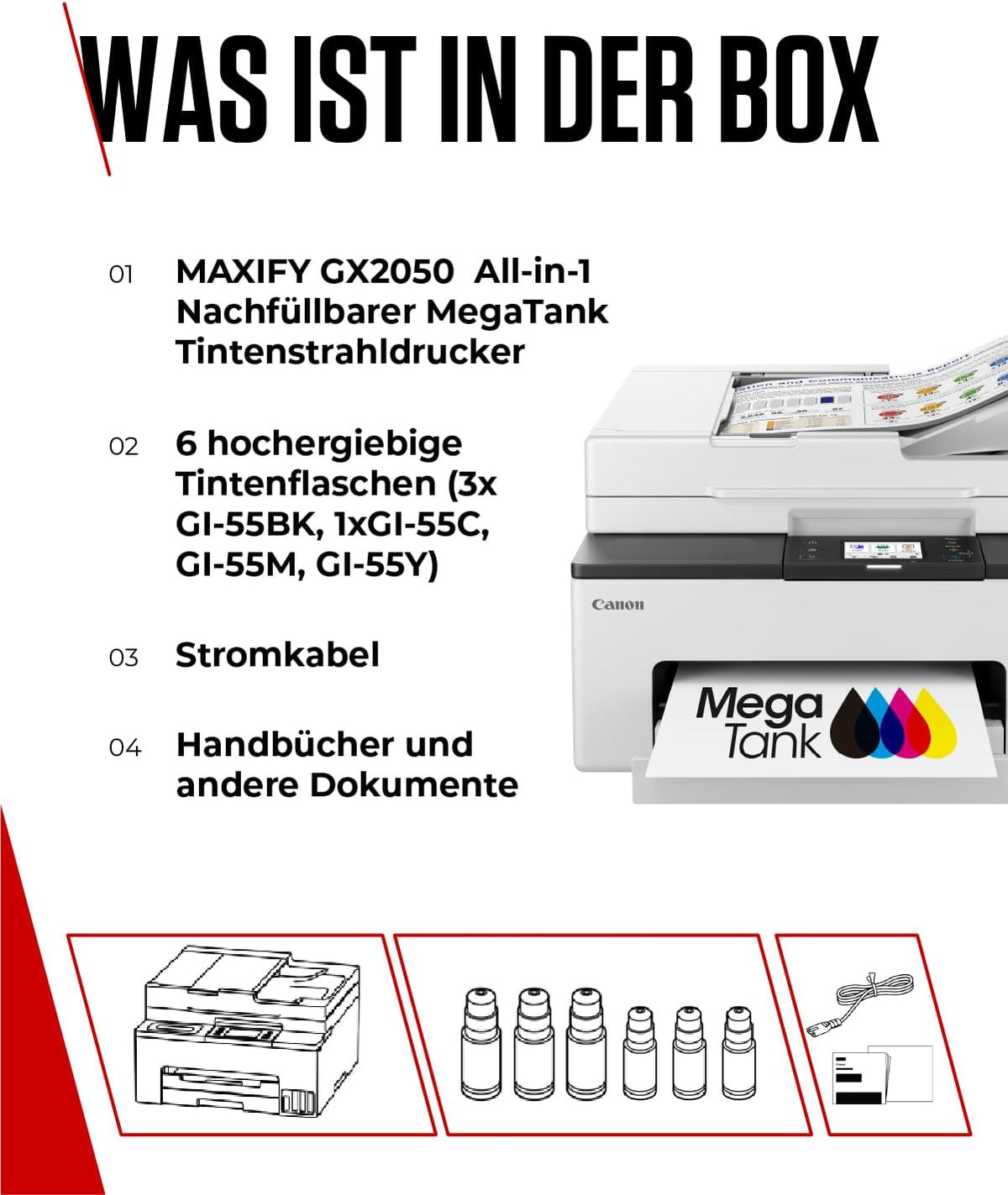 Canon MAXIFY GX2050 Tintenstrahldrucker 4-in-1 Multifunktionsgerät DIN A4 (Drucker, Scanner, Kopierer, Fax, ADF, 600x1200 DPI, WLAN, USB, Duplexdruck, 250 Blatt Kassette) Enthält 6 x Tintenflaschen